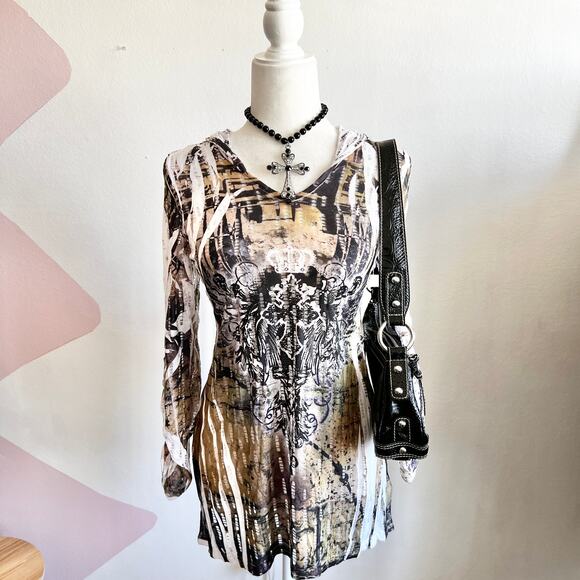 Vintage Mesh Cross Top, Grunge Y2K Mall Goth Indie‎ Sleaze Edgy Large - Picture 1 of 7